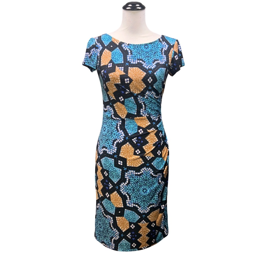 Maggy L Sheath Dress Women 2 Blue Geometric Ruched Knee Length Stretch Mosaic